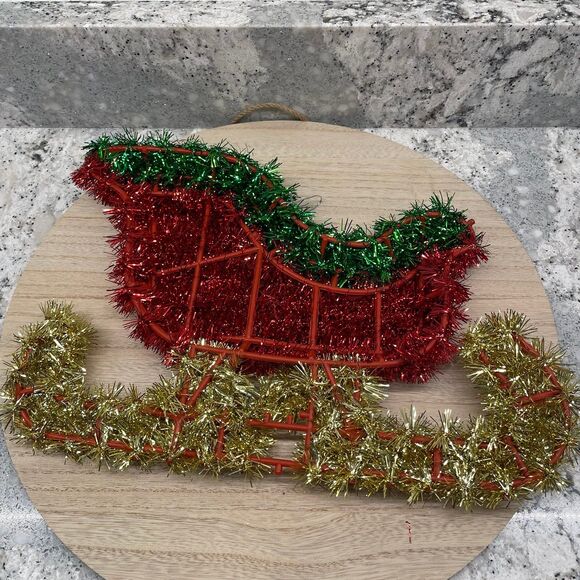 Vintage Tinsel Garland Wrapped Sleigh Frame w/ Snowflakes Christmas Decoration - Picture 3 of 6